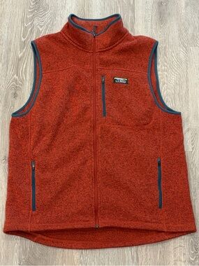 LL Bean Sweater Fleece Vest Mens Large Orange Slightly Fitted Full Zip Outdoor